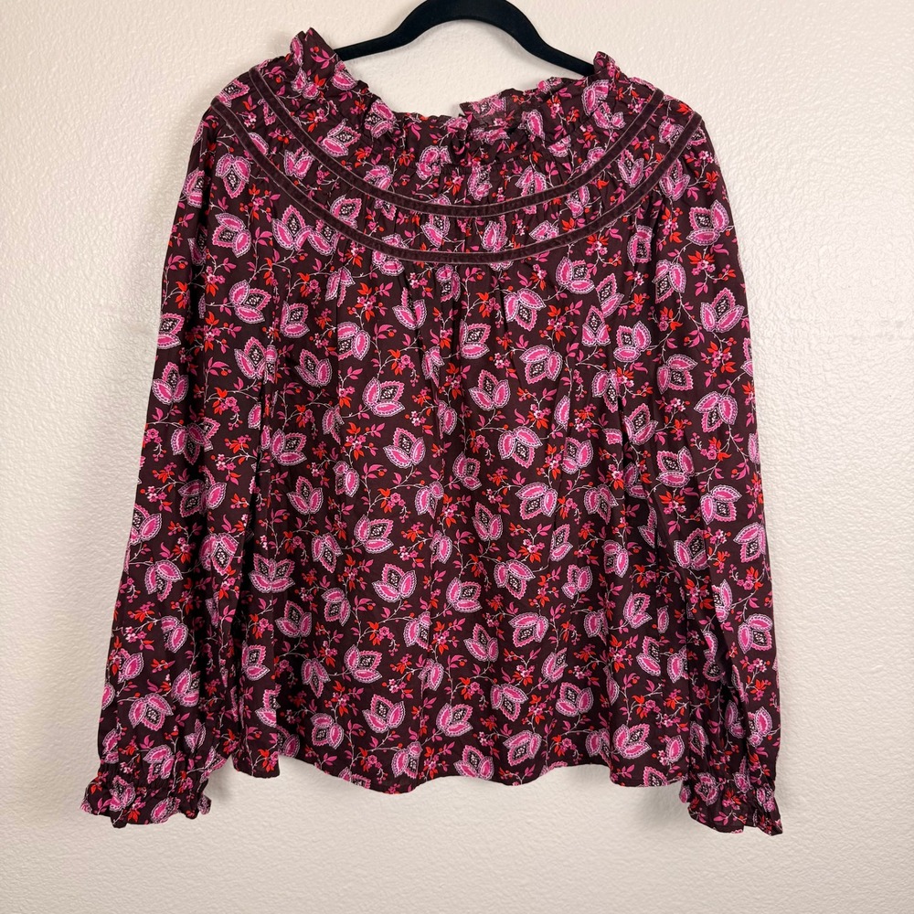 Talbots Floral Paisley Blouse Womens L Burgundy Peasant Romantic Ruffle Velvet‎